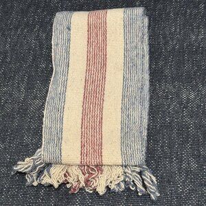 Ecuadorian 100% Wool Fringed Striped Scarf, Cream with Brown/Blue Stripes